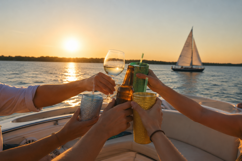 Group toasting drinks on a private Hilton Head booze cruise at sunset